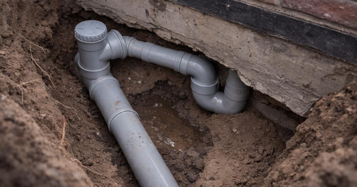 Rioolpijp onder fundering in vochtige aarde
